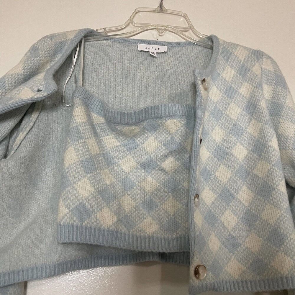 MABLE Blue Cropped Blue diamond knit Cardigan strapless 2pc set size Small - Picture 2 of 5